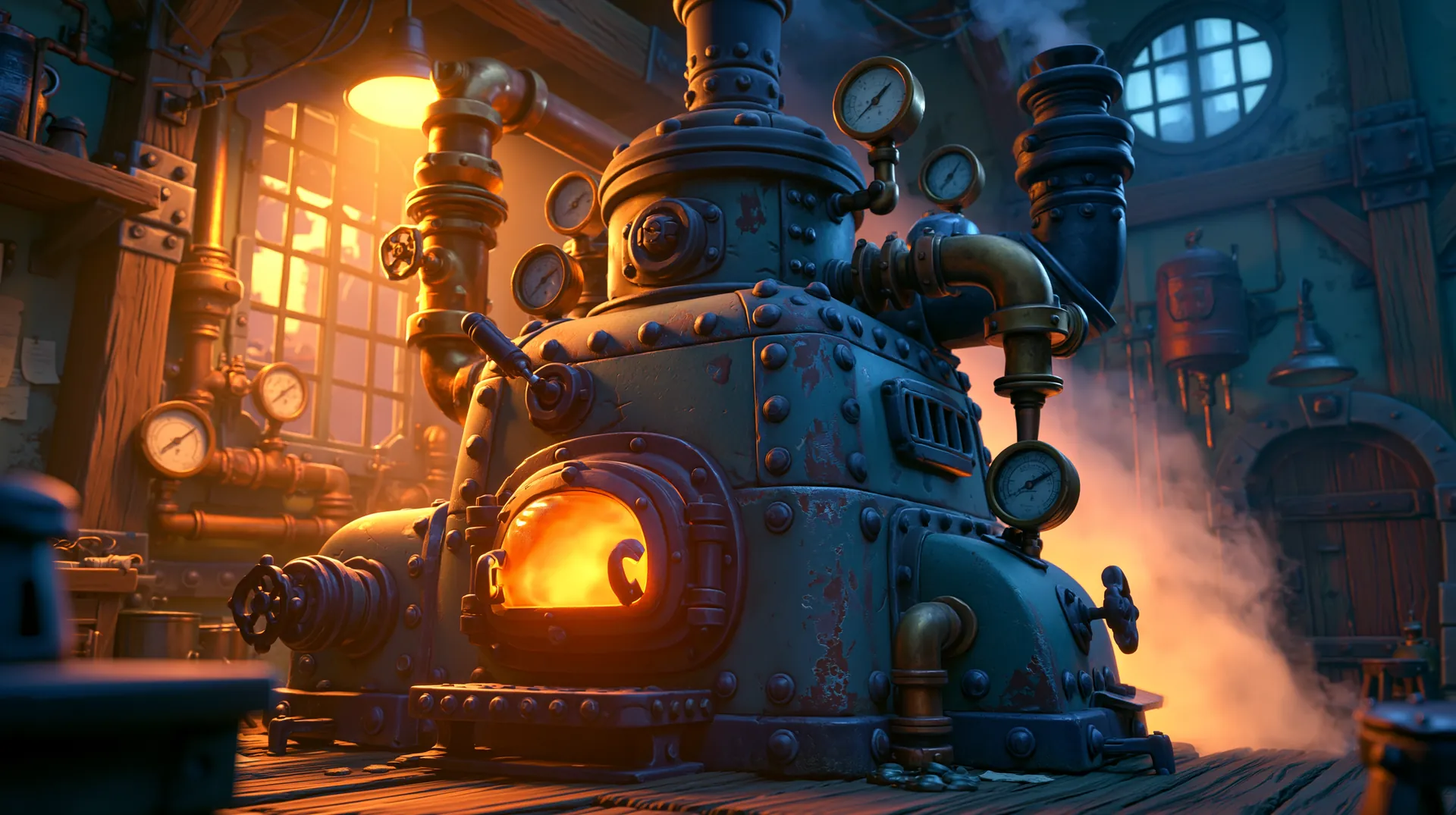 A glowing furnace and pipework in a robot's engine room